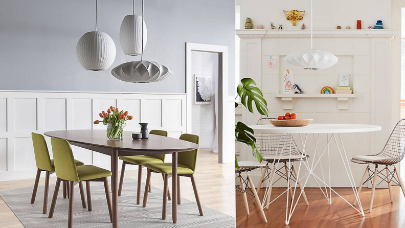 Side-by-side images of Nelson pendant lamps in kitchens