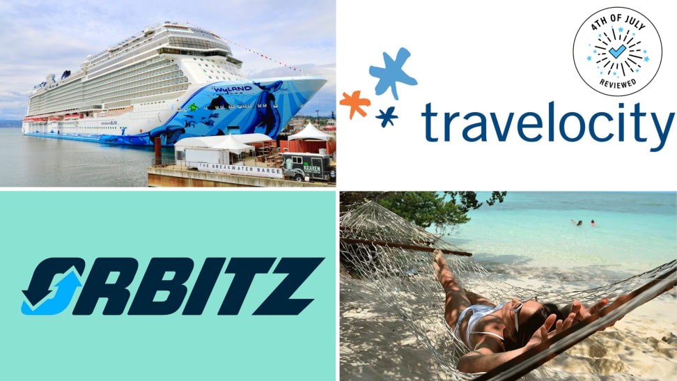 A colorful collage with a cruise ship, woman in a hammock, and business logos.