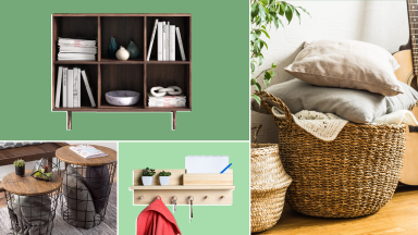 Collage of creative ways to hide clutter, including cube storage, baskets, shelves, and bins.