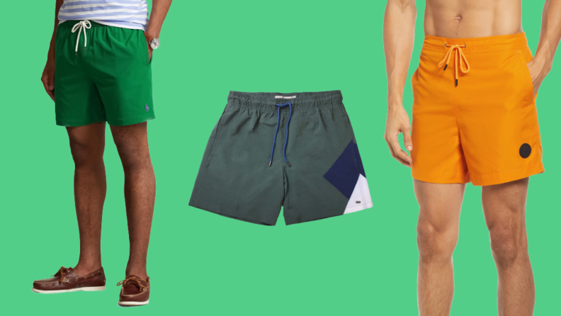 Three men's swimsuits: One in green, one in a colorblock, and one in a bright orange.