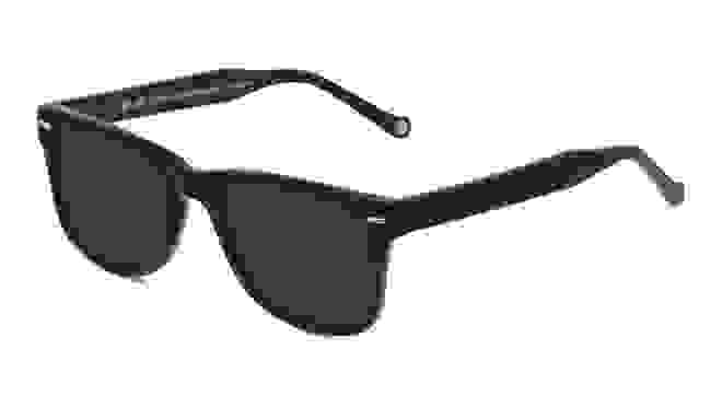 Black wayfarer frame sunglasses in front of white background.