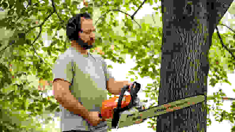 Oakey safety glasses and 3M safety glasses side by side on log