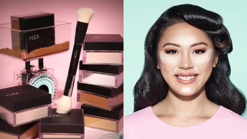 On the left: Every color of the Huda Beauty Easy Bake Loose Baking & Setting Powders stacked on top of each other on a pink background. On the right: A person smiles at the camera wearing a full face of makeup and the Huda Beauty powder under their eyes.