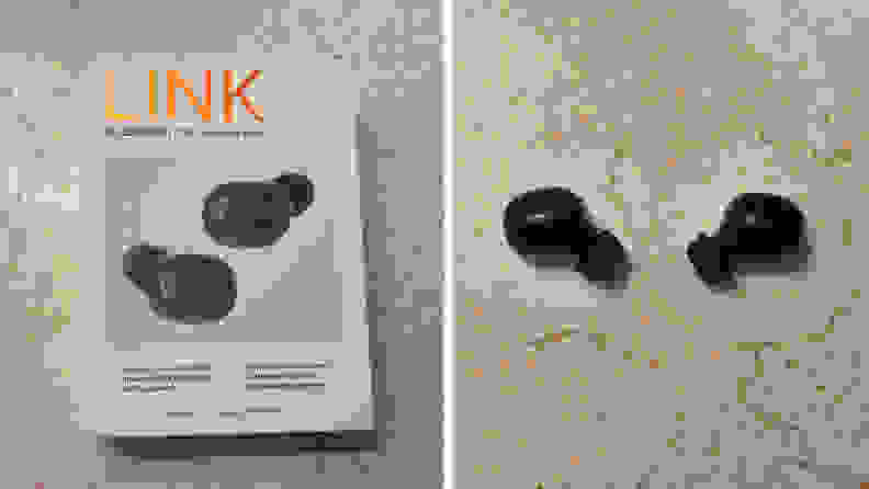 Photo collage of the packaging for the Eargo Link hearing aids next to a pair of  Eargo Link hearing aids on a countertop.