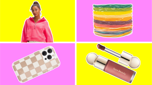 Rare Beauty lipgloss, a stack of Pura Vida bracelets, a checkered phone case, and a girl wearing a pink lululemon top