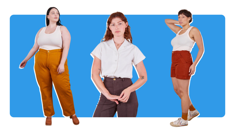 A model in a white tank and orange pants, a model in a white button-up shirt and purple pants, and a model in a white tank and red shorts.