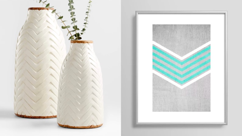 1) Two white chevron-carved vases. 2) Blue and gray chevron print.