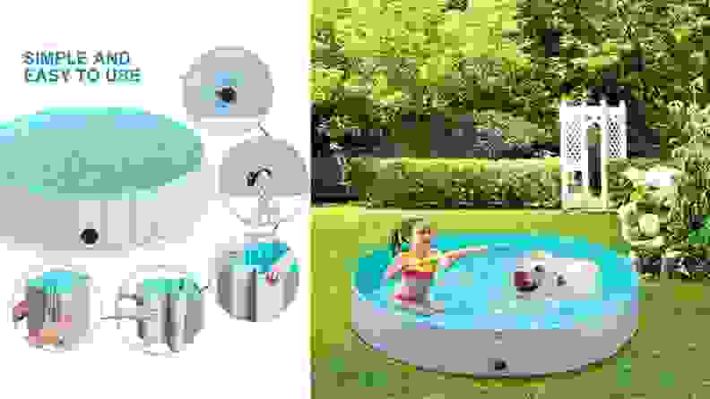 Left: An illustrated diagram shows how to drain and fold the dog swimming pool; Right: A young girl plays with a dog in the mini swimming pool placed in a grassy backyard