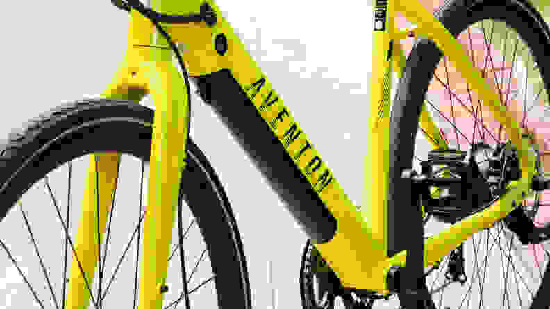 Close-up of a yellow Aventon Soltera 2 e-bike