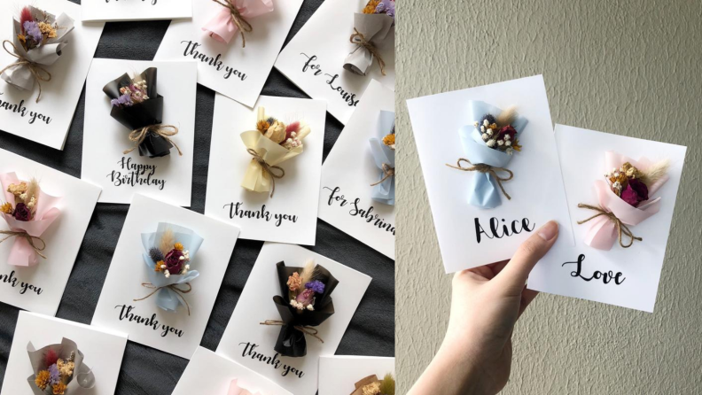 calligraphy dried flower bouquet personalized cards