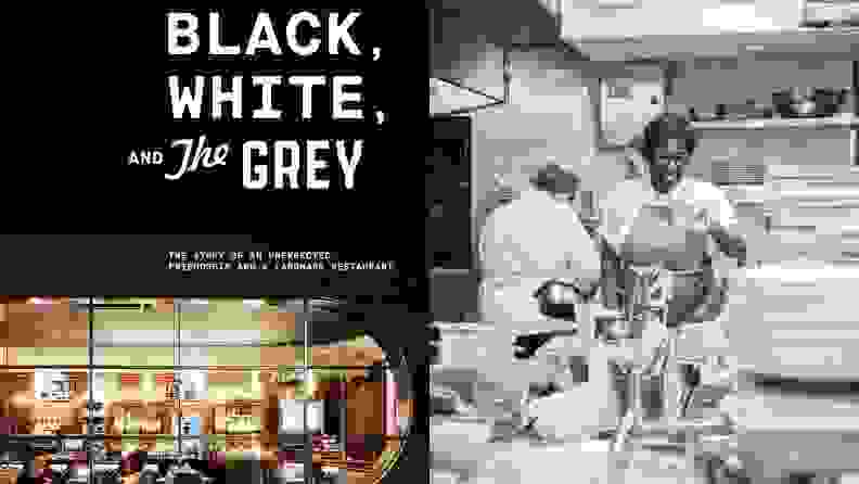 On left, Black, White, and The Grey book cover. On right, Chef Mashama Bailey in The Grey kitchen.