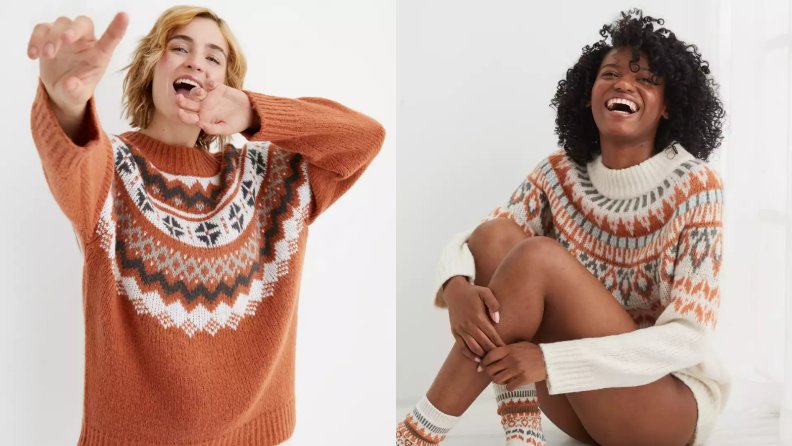 Two images of women in fair isle sweaters, the first woman in an orange hued version of the sweater and the second woman in the same sweater in cream.