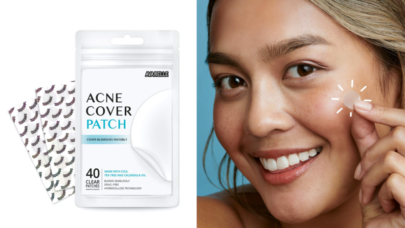 On the left, we have a product image for acne cover patches. To the right, a smiling model demonstrates how to appy one of the circular, translucent patches.