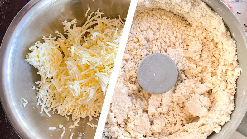 A side-by-side image of before and after ingredients have been mixed in a food processor.