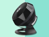 The Vornado fan against a teal background.