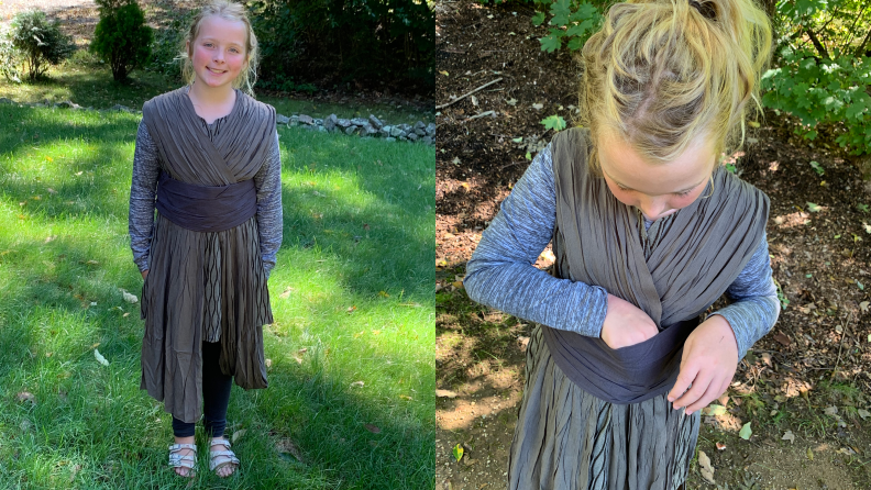 A young girl dressed up in costume as a Resistance fighter