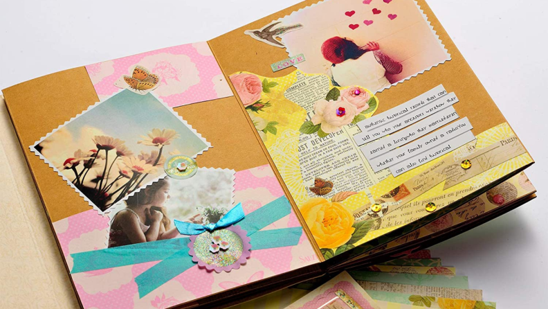 An interior spread of a scrapbook.