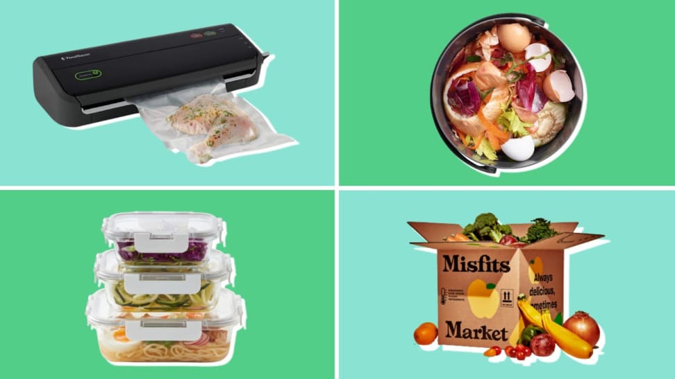 On top left, black FoodSaver Vacuum Sealer. On bottom left, three food storage container filled with food stacked on top of each other. On top right, food scraps sitting inside of bucket. On bottom right, Misfits delivery box surrounded by produce.
