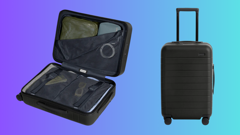 Two pieces of luggage on a purple and blue background
