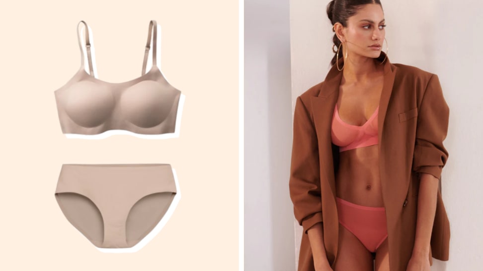 A nude EBY bra and panty set next to a photo of a person wearing EBY undergarments.