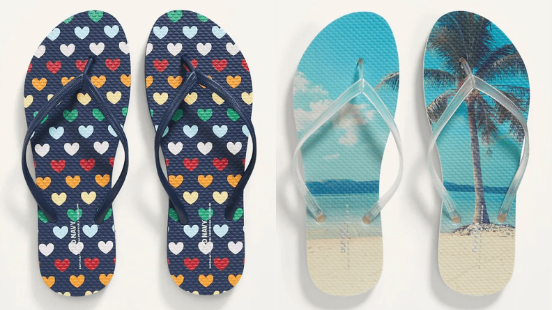 On the left a pair of flips flops with multi-colored hearts. On the right: a pair of flip flops printed with the image of a tropical beach.