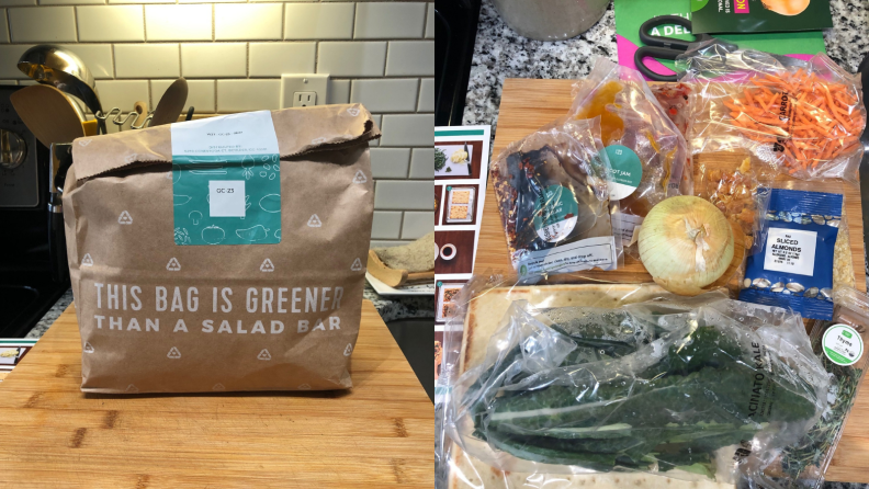 Left: A paper bag on a wood surface. Right: Packaged food.