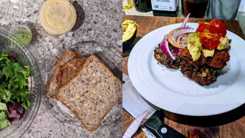 On left, Sakara’s Red Beet Burger with poppy seed vinaigrette on Sakara’s signature bread. On right, onions and tomatoes on top of bread.