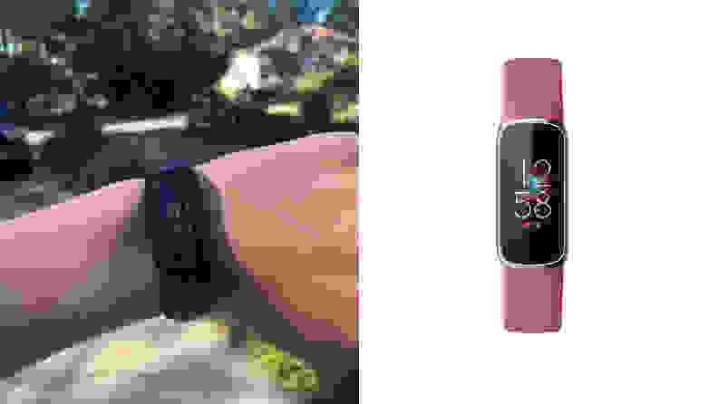 Left: Woman wearing black fitbit luxe. Right: Pink Fitbit Luxe.