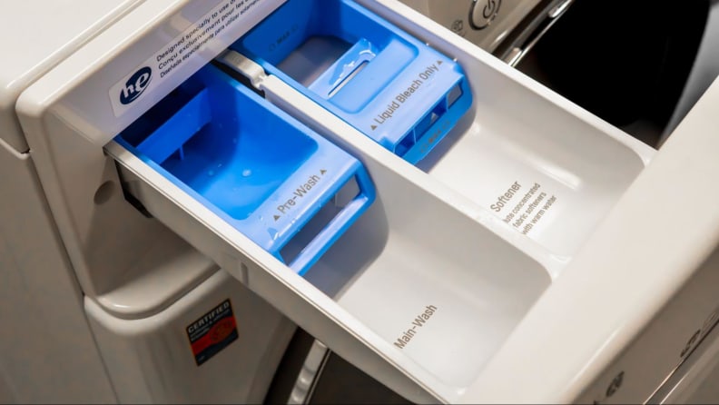 Close up of a dispenser drawer on a washing machine.