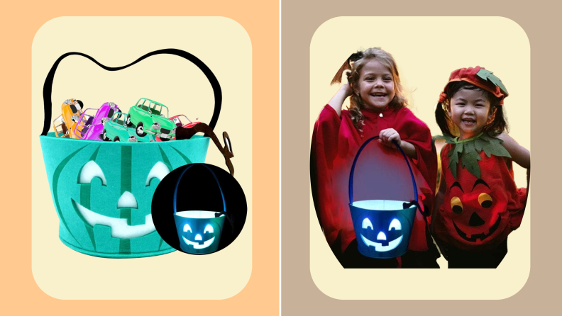 On left, teal jack-o-lantern themed trick-or-treat bucket with LED lights inside and black strap.. On right, two small children in costumes embrace each other and smile.