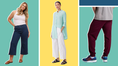 Three models displaying sensory friendly styles of clothing including pants, joggers, button downs, and tank tops.
