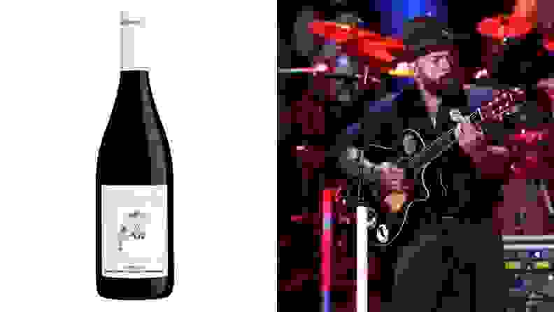 On the left side of the image is a bottle of pinot noir. In the photo to the right, musician Zac Brown of the Zac Brown Band strums an acoustic guitar.
