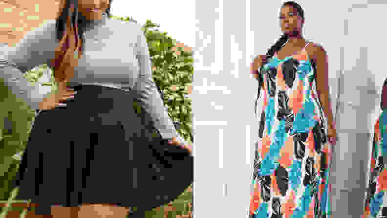 Woman wearing grey long sleeve shirt and black skater shirt smiling down, black woman wearing long maxi dress with colorful design