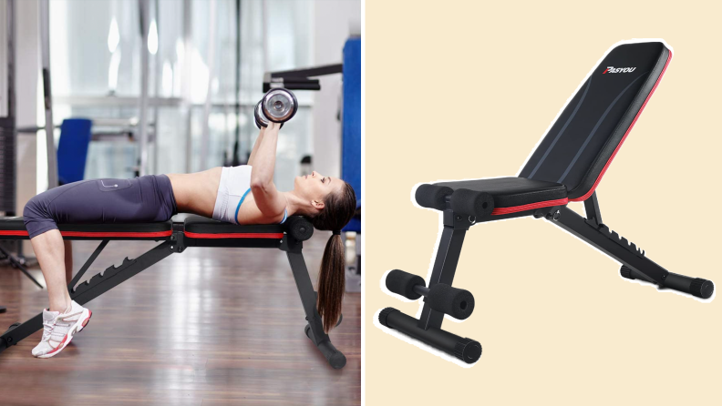On left, person laying on back while lifting weights. On right, On left, black adjustable fitness bench from Pasyou.