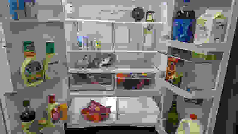 A close-up of the interior of the fridge, fully stocked with food.