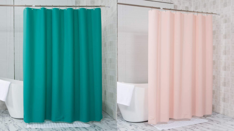 One teal shower curtain and one pink shower curtain.