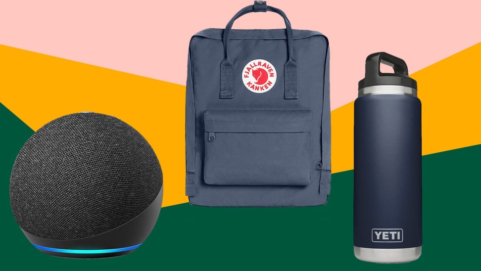 An Amazon Echo dot, a backpack, and a Yeti water bottle.