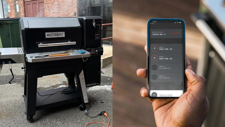 Left: Masterbuilt grill set up in outdoor parking lot. Right: hand holding a smartphone showing the Masterbuilt app