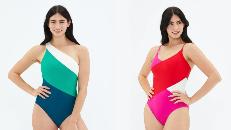 woman in green shoulder strap swimsuit, woman in red one-piece swimsuit
