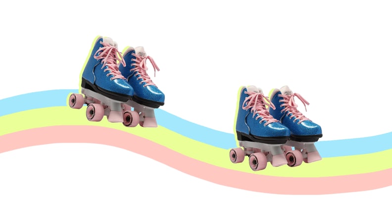 Two blue and pink pairs of roller skates.