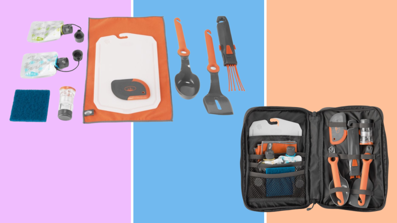 GSI Outdoors 11-piece utensil set with individual pieces laid out on the left and in its case on the right.
