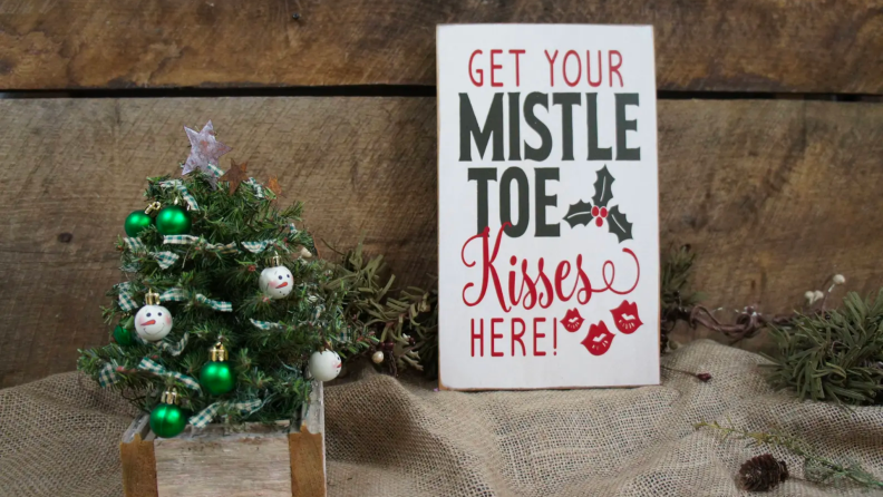A mistletoe sign for people to kiss.