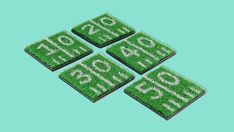 True Zoo Home Turf Coasters on teal background.