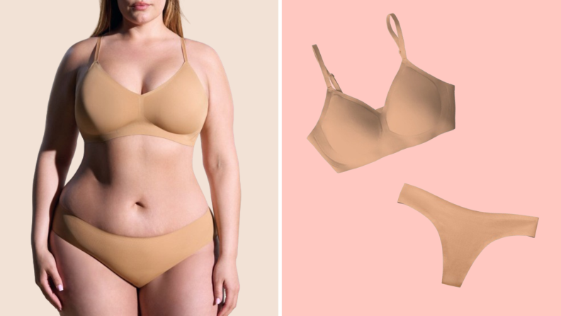 A model wearing a nude-toned matching underwear set, and also product shots of the same pieces.