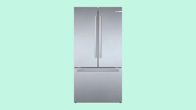 A French-door fridge on a mint background