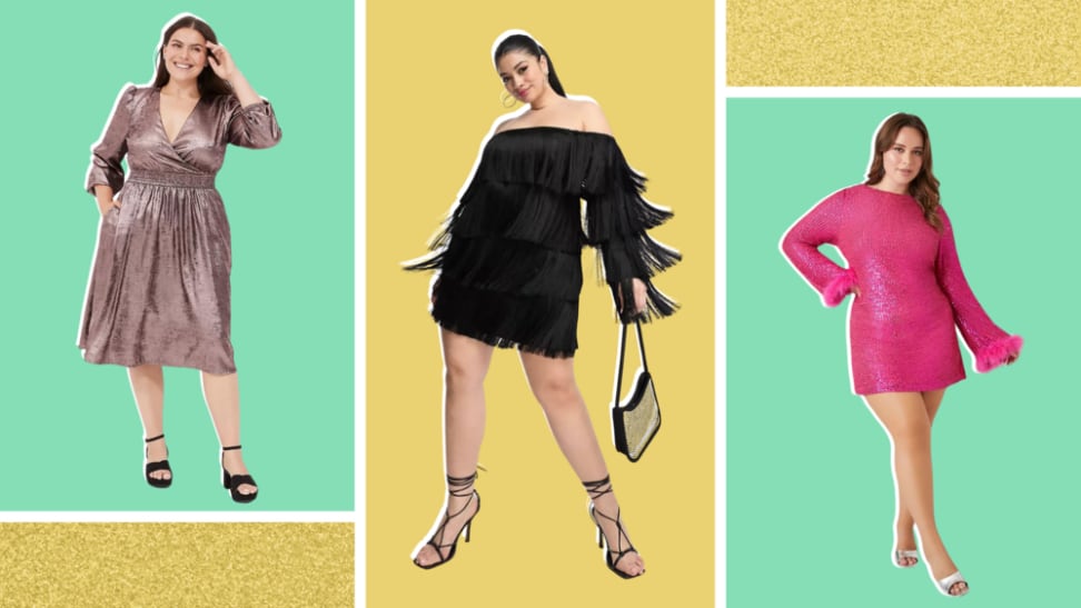 Various plus size dresses, one that is metallic and midi-length, one that is black with fringe, and one that is a sequined pink mini dress with long sleeves.