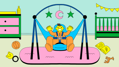 A colorful drawing of a baby in a baby swing