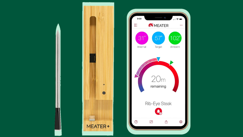 Meater meat thermometer on a green background