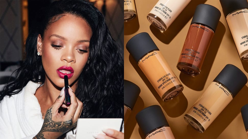 A photo of Rihanna from Fenty Beauty next to a photo of foundations from MAC Cosmetics.