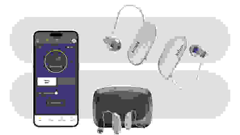Jabra Enhance Select 500 app, charging case, and hearing aids on a colorful background